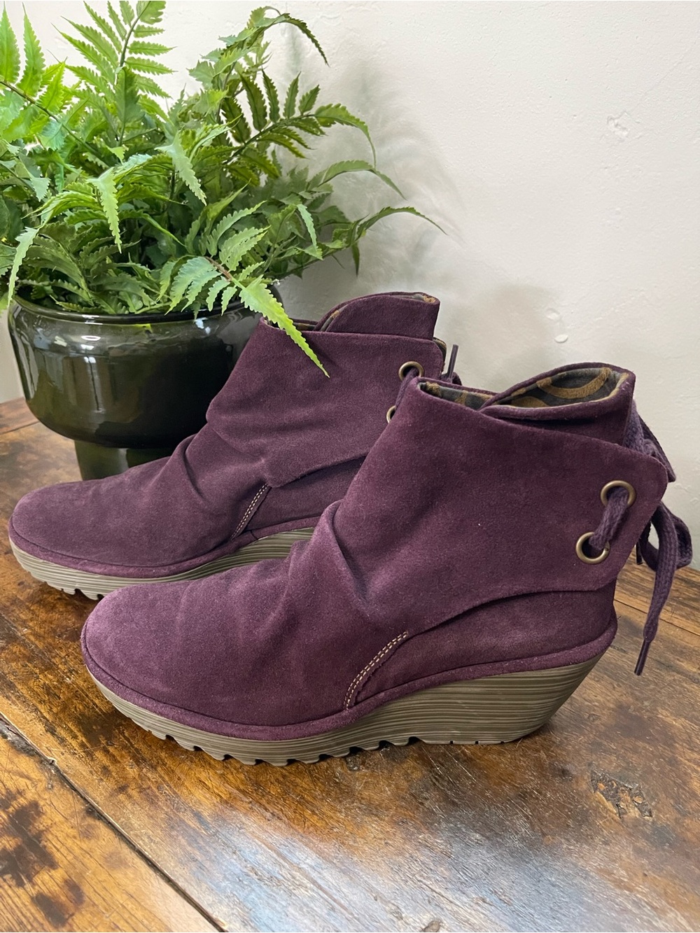 Fly London Rich Plum Suede Wedge Bootie EUC